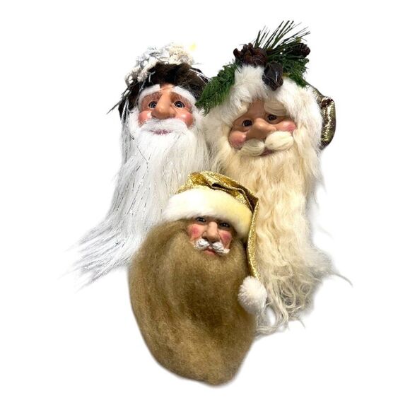 Set Of 3 Santa Claus Head Christmas Ornaments Vintage Long Beards & Festive Hats